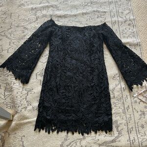 Bardot long sleeve black bell sleeve off the shoulder dress